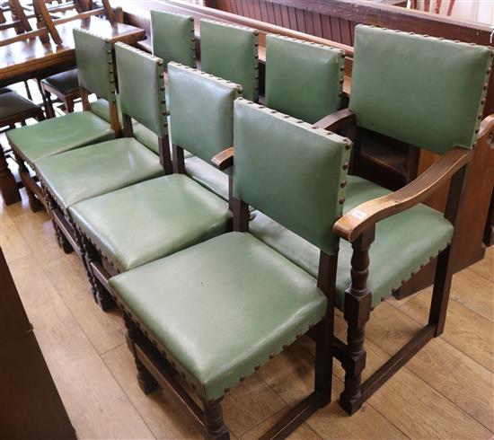 Eight leather seat oak dining chairs